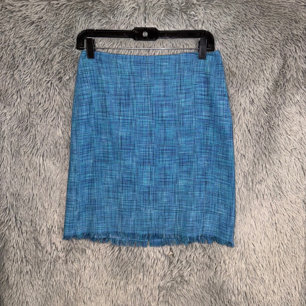 Sigrid Olsen Sport‎ Petite Blue Tweed Fringed Hem Pencil Skirt Size 2P